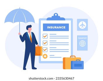 Travel insurance concept, protection, safe, business trip, traveler, vacation, airplane accident, policy flat vector banner for landing page website