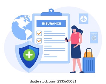 Travel insurance concept, protection, safe, business trip, traveler, vacation, airplane accident, policy flat vector banner for landing page website