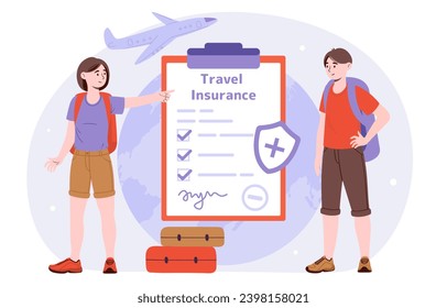 Travel insurance concept. Safety of items and health for travelers and tourists. Holiday and vacation. Man and woman near contract. Cartoon flat vector illustration isolated on white background