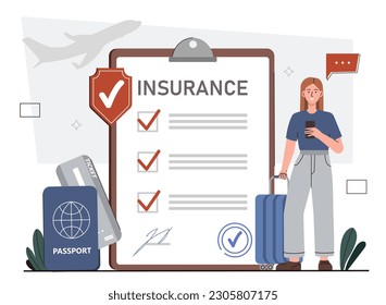 Travel insurance concept. Woman with smartphone next to document or certificate. Tourist and traveler with luggage and foreign passport. Safe vacation and holiday. Cartoon flat vector illustration