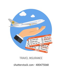 Travel Insurance Flat Icon For Poster, Web Site, Advertising Like Hand, Aircraft And Tickets. Vector Illustration