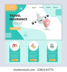 Travel insurance flat landing page website template. House insurance, car insurance, family insurance. Web banner with header, content and footer. Vector illustration.