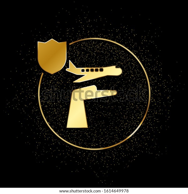 travel, insurance, fly, plane gold\
icon. Vector illustration of golden particle\
background.