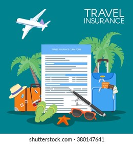 Travel Insurance Form Concept Vector Illustration. Vacation Background, Luggage, Sunglasses, Plane, Palms.