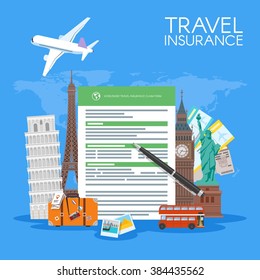 Travel insurance form concept vector illustration. Vacation background in flat style.