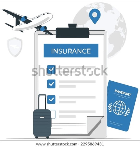 Travel insurance form concept vector illustration. Vacation background, luggage, plane, coconut tree. Travel insurance banner concept. Red traveling luggage suitcase and airplane trip protect.