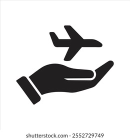 Travel insurance icon. Airplane in hand. Flying plane. Air transport icon