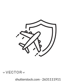 ícone de seguro de viagem, seguro de avião, proteção de viagens aéreas, conceito de seguro, símbolo de linha fina isolado no fundo branco, traço editável eps 10 ilustração vetorial