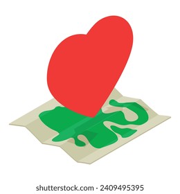 Travel insurance icon isometric vector. Big red heart on paper world map icon. Insurance concept