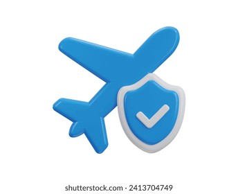 Travel insurance icon on security shield 3d rendering illustration