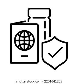 Travel insurance icon. Passport with Air ticket. Outline style. Vector. Isolate on white background.