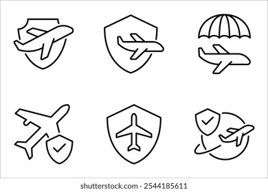 Travel insurance icon set. Protection of air travel, vector illustration on white background