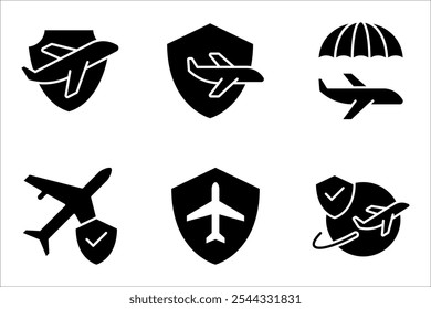 Travel insurance icon set. Protection of air travel, vector illustration on white background