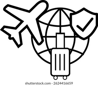 Travel insurance icon. Wheeled luggage, checkmark and shield sign. Secure travel, insurance and checked baggage. flat style.