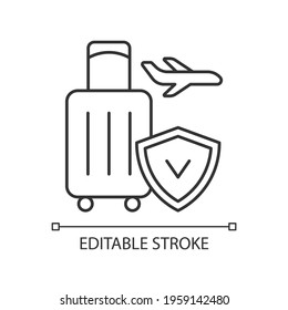 Travel insurance linear icon. Covering traveling costs. Reimbursement for flight cancellation. Thin line customizable illustration. Contour symbol. Vector isolated outline drawing. Editable stroke