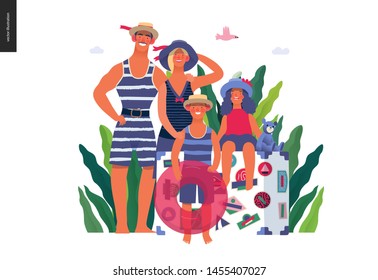 Travel insurance -medical insurance illustration -modern flat vector concept digital illustration - young family with two kids, big suitcase and swimming circle wearing vintage swimsuits at the beach