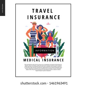 Travel insurance -medical insurance illustration -modern flat vector concept digital illustration - young family with two kids, big suitcase and swimming circle wearing vintage swimsuits at the beach