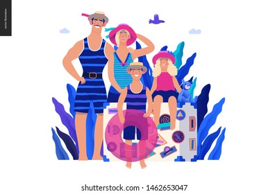 Travel insurance -medical insurance illustration -modern flat vector concept digital illustration - young family with two kids, big suitcase and swimming circle wearing vintage swimsuits at the beach