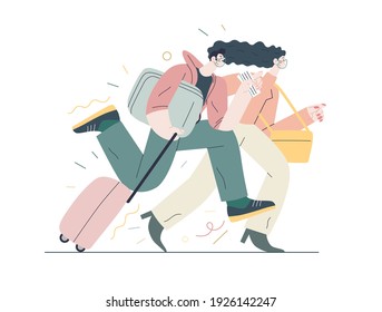 Travel insurance -medical insurance illustration -modern flat vector concept digital illustration - harrying young couple running with suitcases in the airport rush