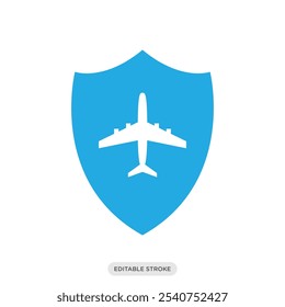 Travel insurance, plane with shield icon, travel tourism color symbol on white background - vector illustration
