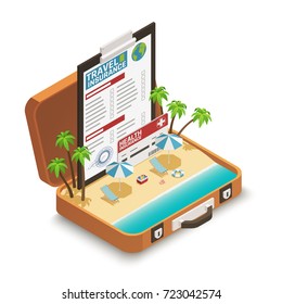 Travel insurance policy certificate advertisement isometric composition with tropical beach inside open vacation suitcase symbol vector illustration 