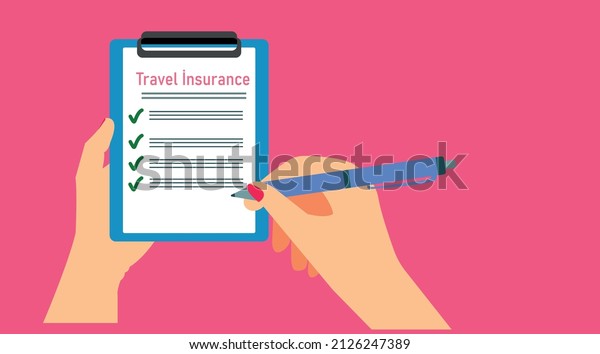 Travel Insurance policy concept.\
Vacation\
protection plan concept with insurance survey on\
clipboard.\
Clipboard with agreement protection\
document.