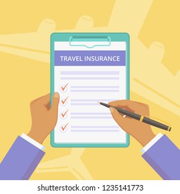 Travel insurance policy with hands on clipboard vector illustration. Vacation protection plan concept with insurance survey on clipboard, flat man hands filling travel policy on yellow background