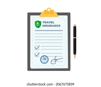 Travel insurance policy on clipboard with pen. Safe flight by plane and signed contract protection tourist life and property. Indemnification document in traveler trip accident. Safety journey vector