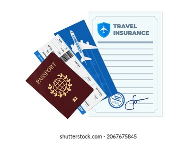 Reiseversicherung mit Reisepass, Flugticket und Bordkarte für das Flugzeug. Sichere Flugreise und unterzeichneter Vertrag Schutz touristischen Lebens und Eigentum. Sicherheitsreisedatei Vektorgrafik