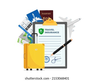 Travel insurance policy with passport, flight ticket, plane and yellow traveling suitcase. Safe plane trip and signed contract protection tourist life and property. Ready for safety aircraft journey