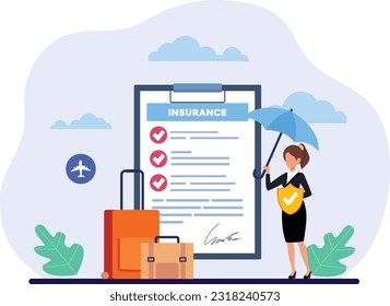 Travel insurance policy with passport flight ticket plane and traveling suitcase safe plane