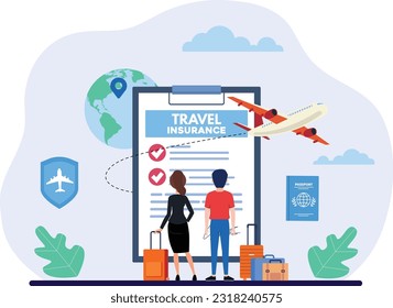 Travel insurance policy with passport flight ticket plane and traveling suitcase safe plane