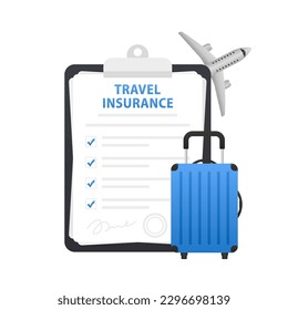 Travel insurance policy with , plane and blue traveling suitcase. Safe plane trip and signed contract protection tourist life and property. Ready for safety aircraft journey. Vector illustration