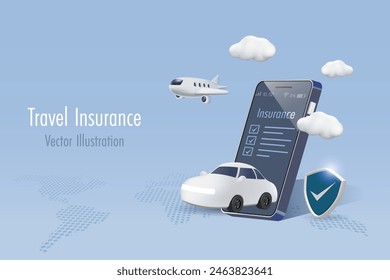 Travel insurance protection. Car and flying airplane on mobile app with protective shield to protect from accident and travel. 3D vector.