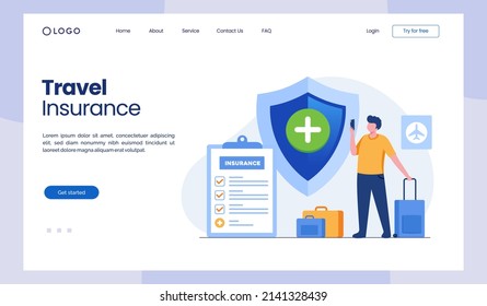 Travel insurance, protection concept, umbrella, healthcare, landing page flat illustration vector landing page