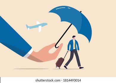Travel insurance, protection for traveller before flying in COVID-19 Coronavirus era concept, magic hand holding umbrella as shield and guard to protect traveller who walking in the airport.