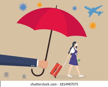 Travel insurance, protection for traveller before flying in Coronavirus era concept.