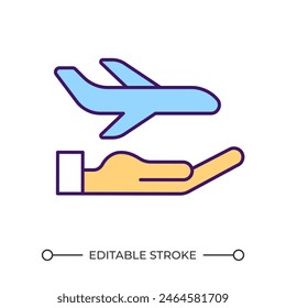 Icono de color RGB de seguro de viaje. Servicio de Transporte. Viaje en avión. Servicios de aerolíneas. La mano sostiene el avión. Ilustración vectorial aislada. Dibujo de líneas rellenas simples. Trazo editable