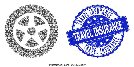 Travel Insurance rubber round seal imitation and vector fractal composition tire wheel. Blue stamp seal has Travel Insurance tag inside round shape.