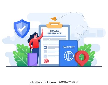 Travel insurance service concept flat illustration vector template, Flight insurance, Safety security shield, Insurance policy document