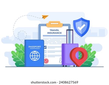 Travel insurance service concept flat illustration vector template, Flight insurance, Safety security shield, Insurance policy document