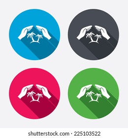 Travel insurance sign icon. Hands protect cover palm tree symbol. Trip vacation insurance. Circle buttons with long shadow. 4 icons set. Vector