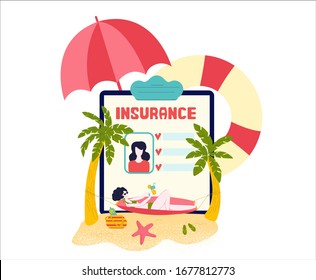 Travel insurance for tourists on vacations -medical insurant case online in tablet with beach, palms, swimming circle cartoon isolated vector illustration. Insured tourism to exotic sea islands, trip.