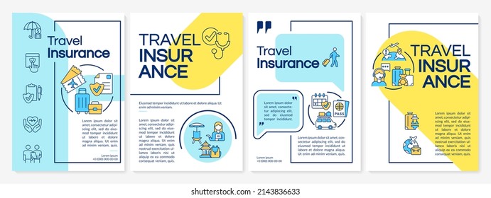Travel insurance turquoise blue and yellow template. Tourist coverage. Leaflet design with linear icons. 4 vector layouts for presentation, annual reports. Questrial, Regular fonts used - Shutterstock ID 2143836633