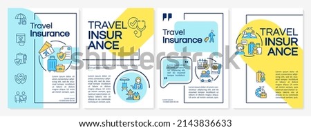 Travel insurance turquoise blue and yellow template. Tourist coverage. Leaflet design with linear icons. 4 vector layouts for presentation, annual reports. Questrial, Regular fonts used