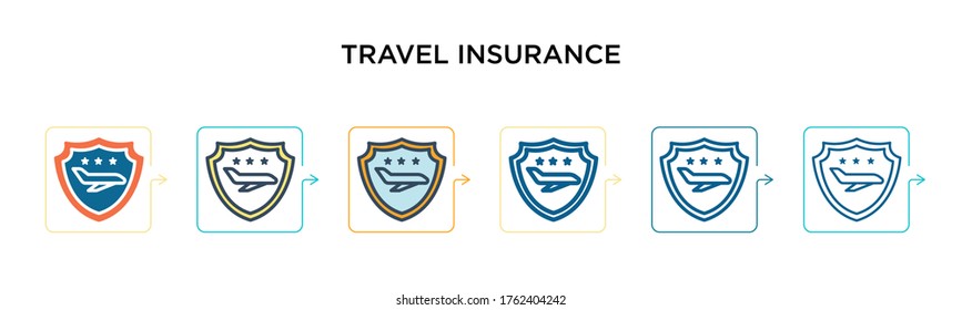 Travel insurance vector icon in 6 different modern styles. Black, two colored travel insurance icons designed in filled, outline, line and stroke style. Vector illustration can be used for web, 