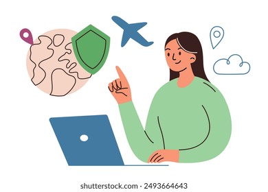 Travel insurance vector illustration in flat cartoon style. Woman using laptop for booking trips and ensuring travel safety. Tourism agencies and insurance guides. Scene for travel protection 