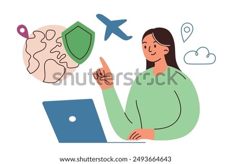 Travel insurance vector illustration in flat cartoon style. Woman using laptop for booking trips and ensuring travel safety. Tourism agencies and insurance guides. Scene for travel protection 