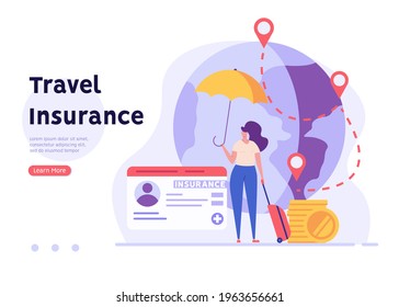 Travel Insurance Vector illustration. People traveling with insurance. Tourist with luggage in airport. Concept of insurance and health protection for travelers, safe vacation and traveling