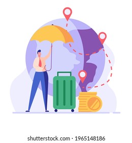 Travel Insurance Vector illustration. People traveling with insurance. Tourist with luggage in airport. Concept of insurance and health protection for travelers, safe vacation and traveling